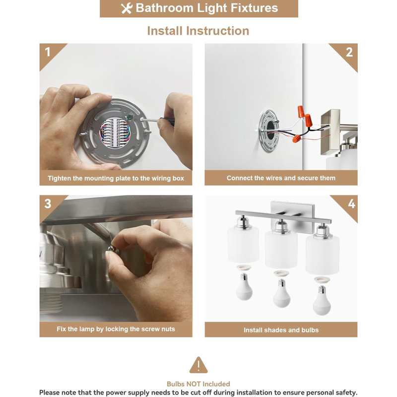 Luminaires de salle de bain au-dessus du miroir, lumières de meuble-lavabo à 3 lumières nickel brossé, lumière de meuble-lavabo moderne, abat-jour en verre et finition nickel antirouille, lumière de salle de bain pour petit espace