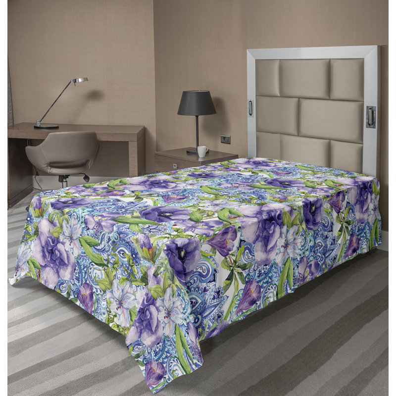 Drap plat à motif floral bohème Ambesonne, Drap plat pour lit simple TG, Bleu, violet, vert paon / floral
