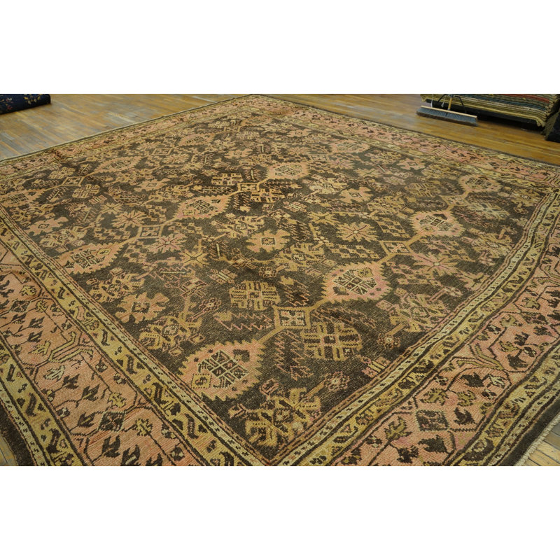 Earthy Tone Tribal Geometric Allover Pattern Antique Square Shape Turkish Oushak Carpet