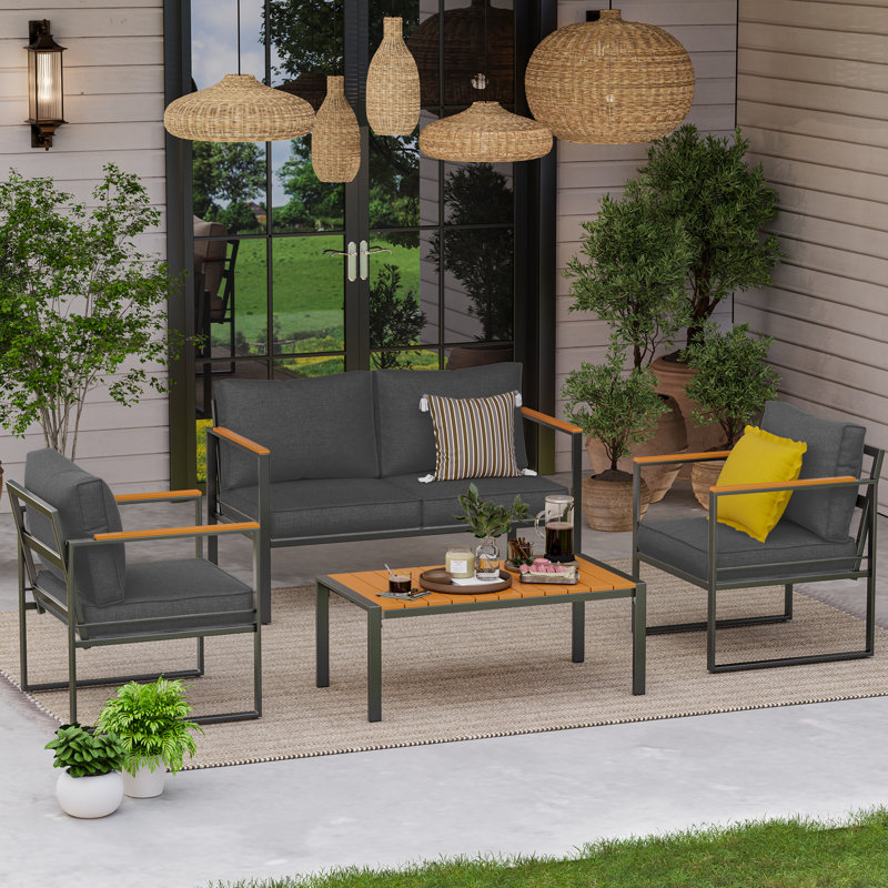 Ensemble de conversation pour patio 4 pièces avec cadre en métal résistant aux intempéries, Gris foncé, 2, Square shape