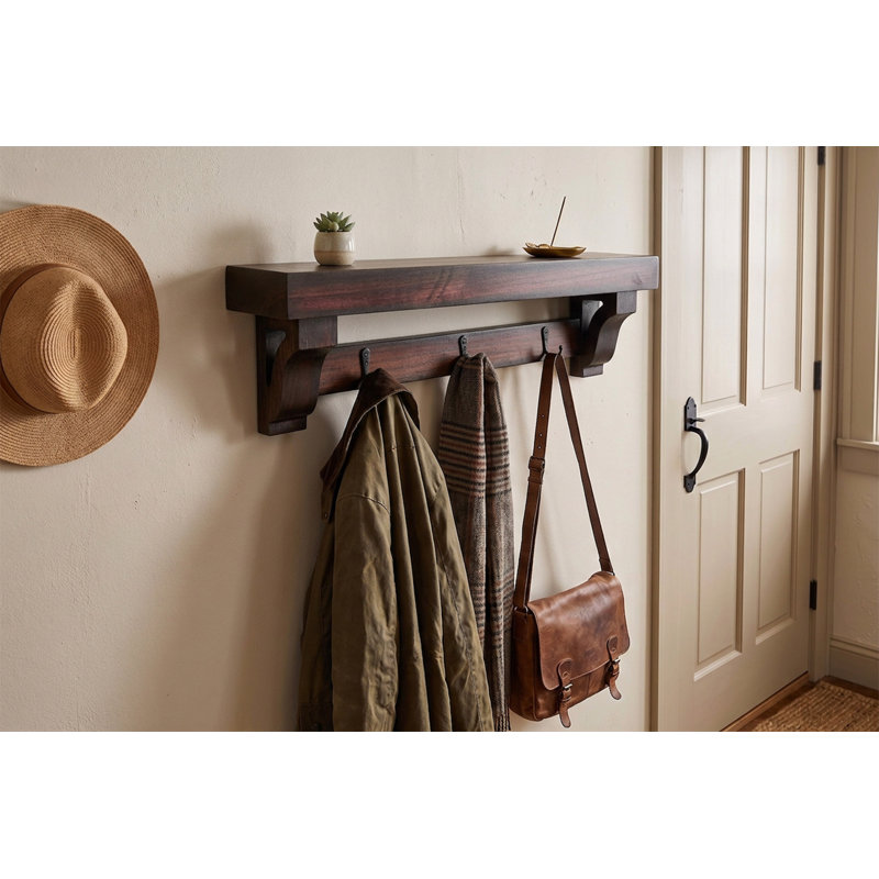 Rayne Small Wall Mounted Coat Rack with Shelf 8 Hook, 54/4/4, Black Cherry