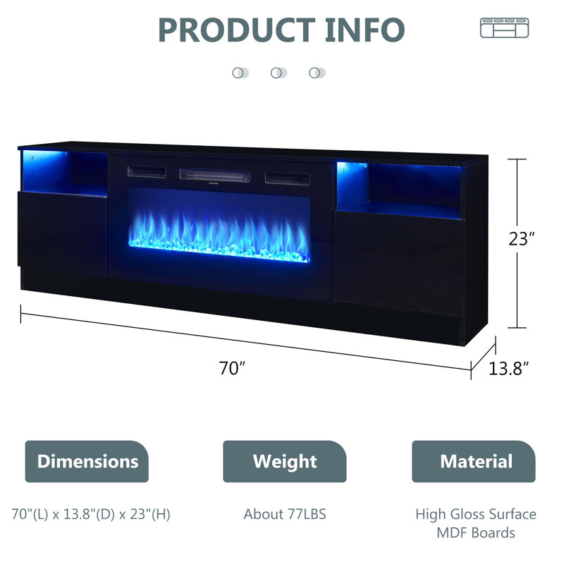 Black 70'' TV Stand with 36'' Electric Fireplace and LED Lights