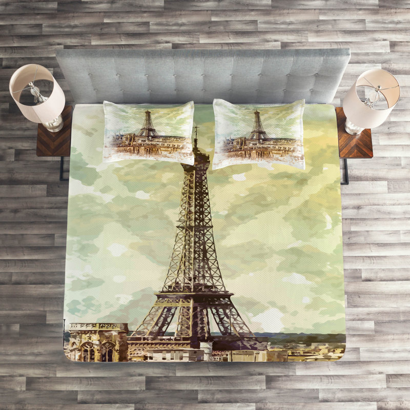 Eiffel Tower Eclectic Polyester Coverlet, King Bedspread + 2 Shams