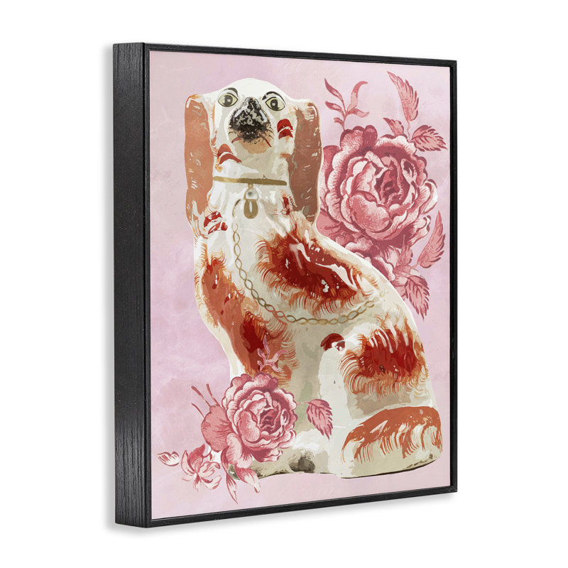 Épagneul antique sur giclée rose, design par Lil 'Rue, H 20 po x l 16 po, Giclée encadrée noir minuit