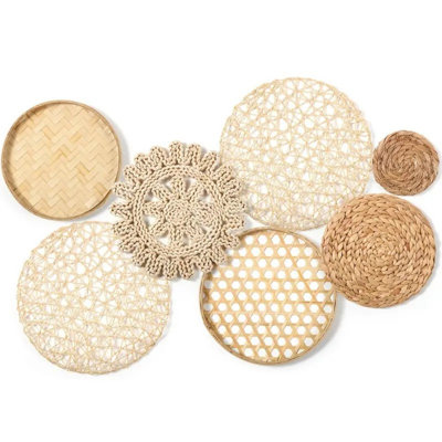 7 Pcs Wall Basket Decor Boho Handmade Hanging Baskets Natural Woven Seagrass Rattan Flat Round Handcrafted Wicker Wall Decor For Coastal Art Bedroom Living Room Farmhouse Home