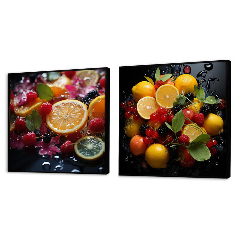 Ensemble de 2 carrés de fruits expressifs croissance expressive, Cadre flottant noir, H 16 po x l 33 po