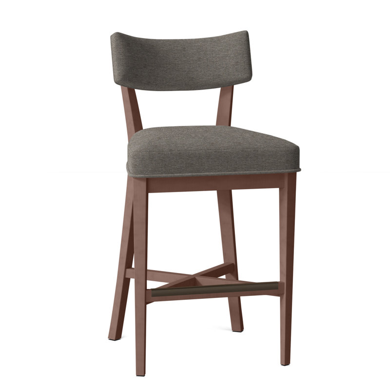 Juliet Upholstered Stool with Solid Wood Frame, Walnut, Perigold Piccadilly Stripe Ash, Bar Stool (29.5" Seat Height)