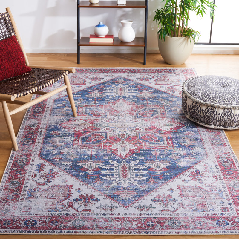 Tucson Florentine Machine Washable Non-Slip Area Rug , Navy Blue/Red, Rectangle 183 x 274 cm