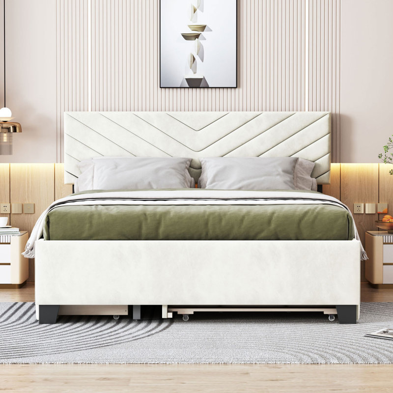 Lit plateforme tapissier avec rangement Casian, Beige