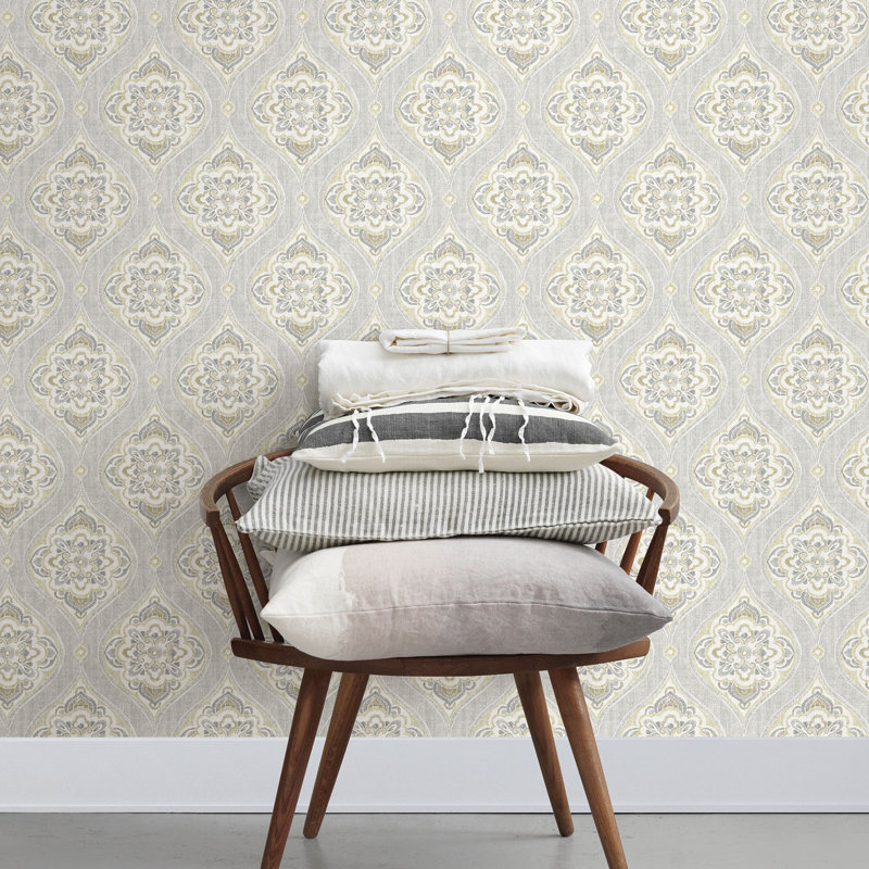 Adele Damask Wallpaper Roll, Light Gray, 33'