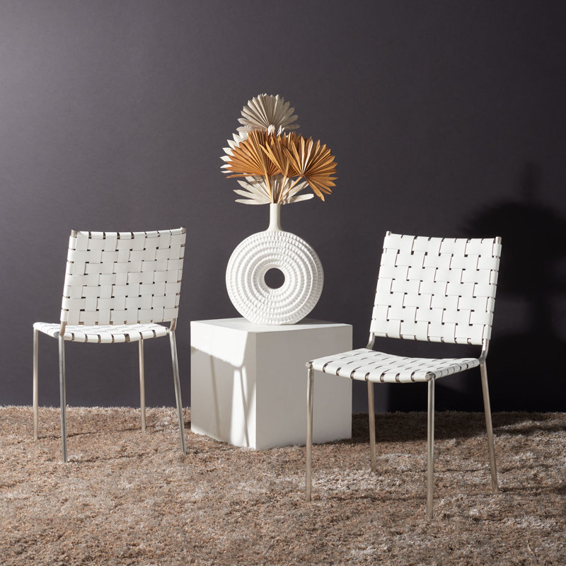Chaise d'appoint rembourrée Ryland, Cuir véritable blanc, Argent