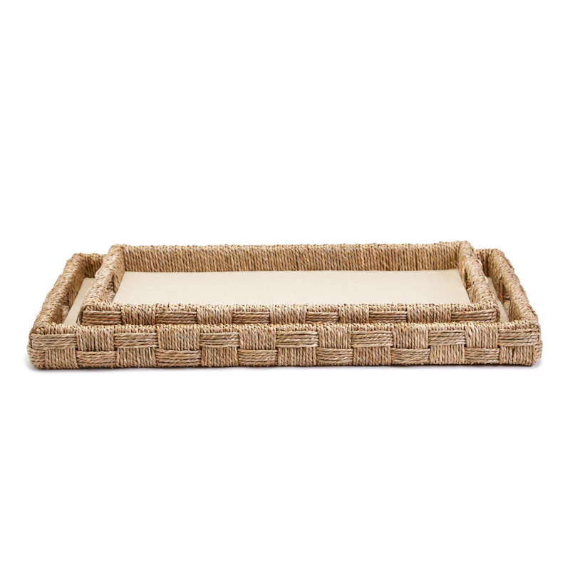 Set Of 2 Hand-Crafted Sea Grass And Rattan Oversized Decorative Square Tray