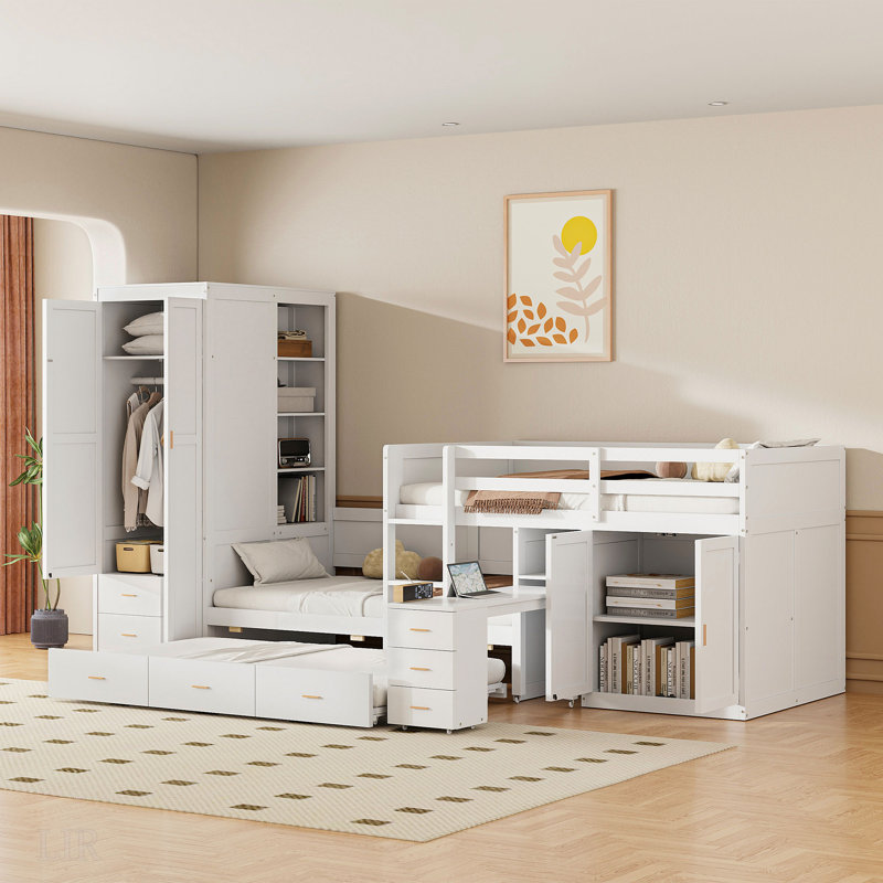 Lit simple superposé en bois avec lit gigogne, armoire, armoire, bureau et tiroirs pour une utilisation maximale de l'espace