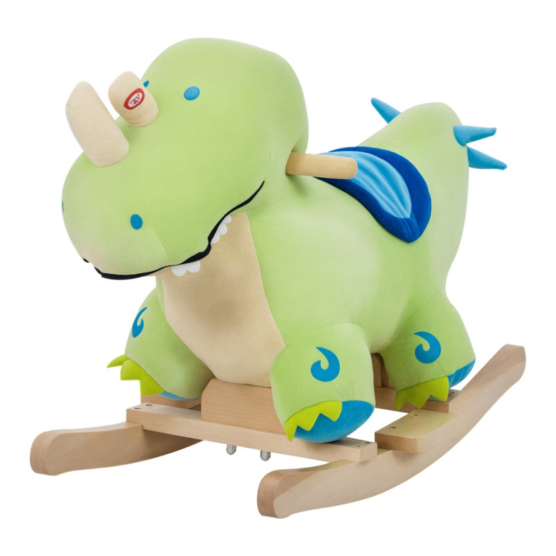 Cheval à bascule en peluche dinosaure avec sons réalistes, structure en coton vert et bois