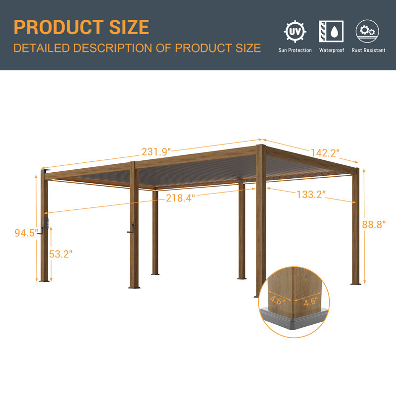 Patio Louvered Aluminum Pergola with Solar LED, Wood Texture, 12 Ft. x 20 Ft.	