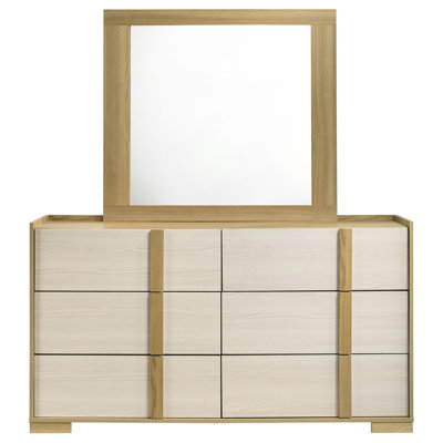 6‑Drawer Dresser with Matching Mirror, Natural Light Brown Two‑Tone Wood Finish, Coastal Modern Bedroom Storage Dresser Set
