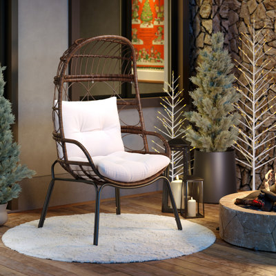 PE Wicker Egg Chair Patio Cocoon Lounger w/ Comfortable Cushions & Metal Frame