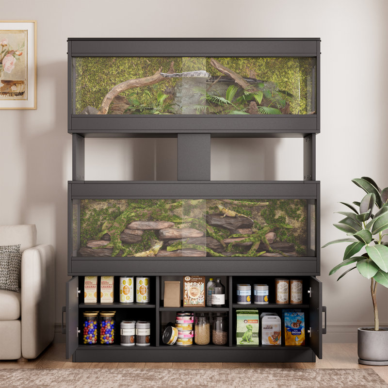 Dual 80 Gallon Reptile Tank with Stand & Cabinet, 2-in-1 Bearded Dragon Enclosure with Built-In Power Outlet, Large Terrarium for Snakes, Lizards, Geckos, or Tortoises