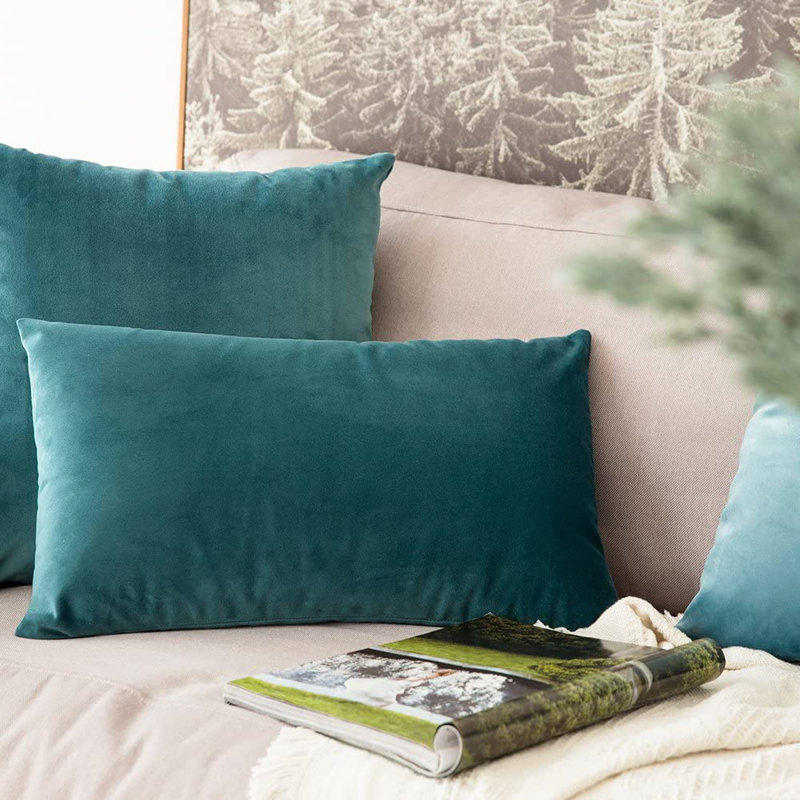 Housse de coussin en velours uni, Bleu sarcelle, H 12 po x l 20 po