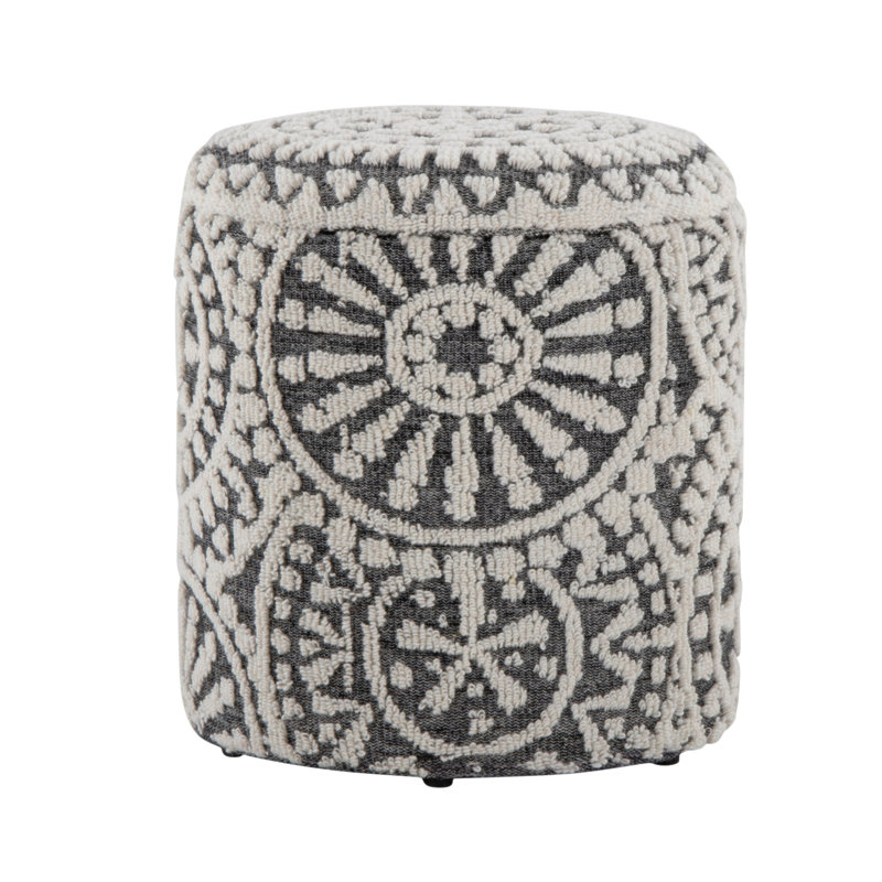 18" Storage Ottoman In Black And Ivory Handwoven Wool With Tufted And Knotted Design