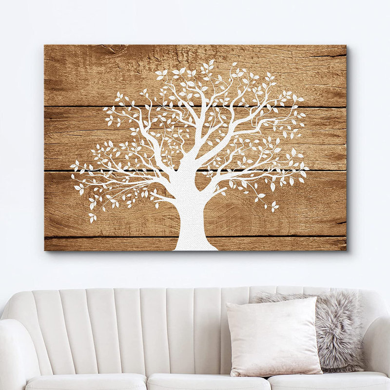 Arbre artistique sur fond de bois brun - impression sur toile tendue, H 32 po x l 48 po x 1,5 po