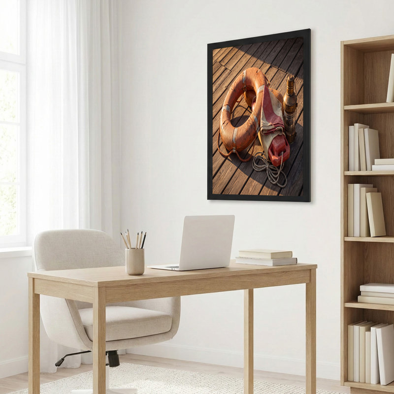 Art mural rétro sur toile en forme de bouée de sauvetage avec lanterne en laiton, H 36 po x l 48 po