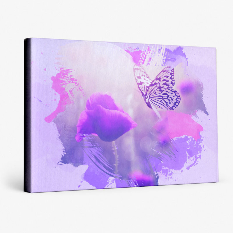 Papillon et coquelicots mauves - paysage, art mural sur toile, 14" W x 11" H