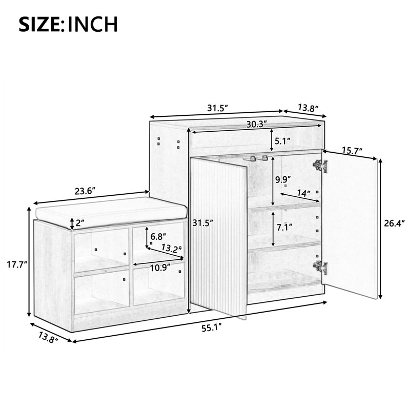 Livingroom Cabinet With Shoe Bench, 2 Doors And 3-Tier Adjustable Shelves, Entryway Bench With 4 Open Shoe Racks And Removeble Cushion, Storage Console Table With Wavy Slatted Door And Hooks
