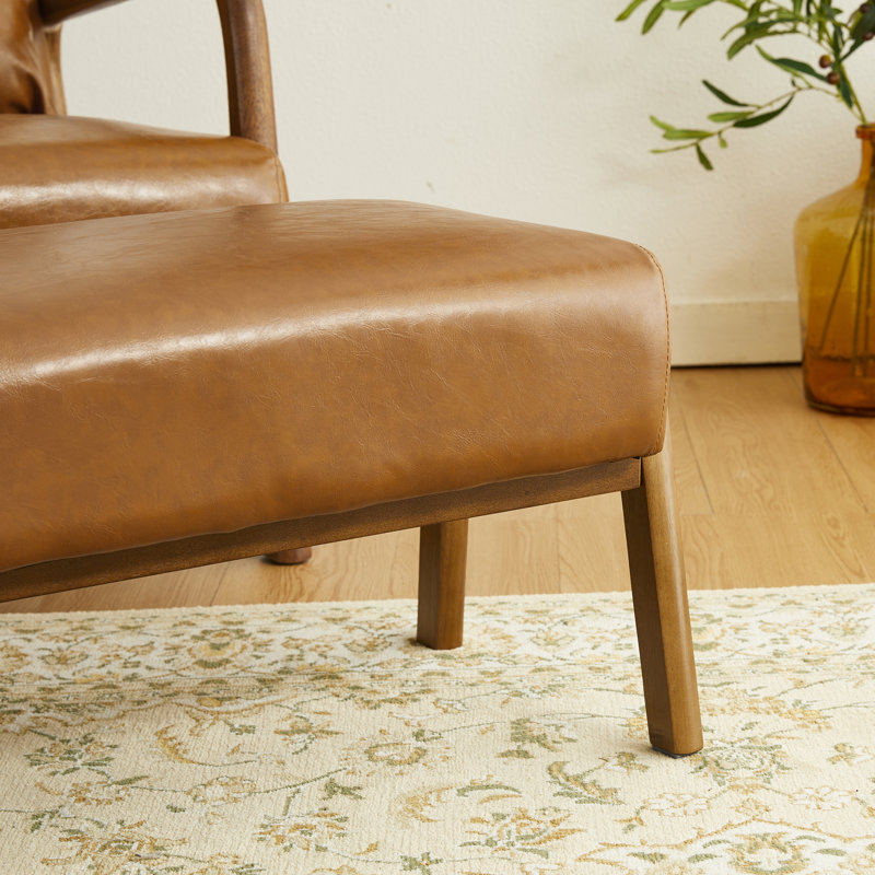Mid-Century Modern Leatherette Accent Stool And Chair With Walnut Rubberwood Legs, Brown