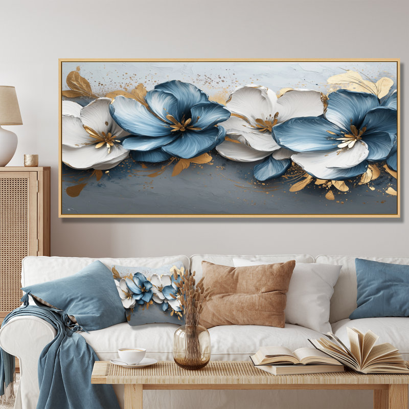Tulipes bleues et bleues, rivière I, art mural, H 28 po x l 60 po, Cadre flottant, Blanc