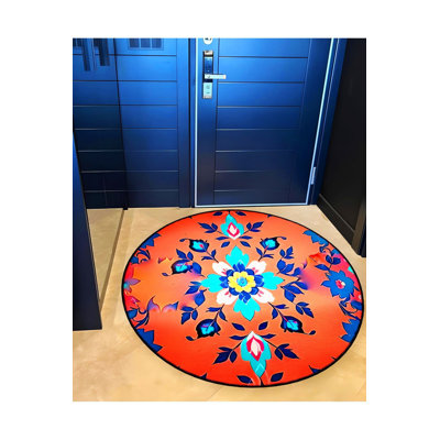 Round Orange Floral Leaf Patterned Woven Base Modern Decorative Machine Washable Rug