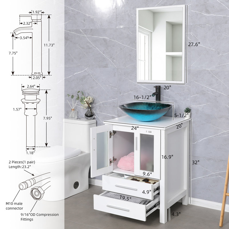  24" Single Bathroom Vanity Set with Vessel Sink, Manufactured Wood Top, Faucet, Drain, White, White