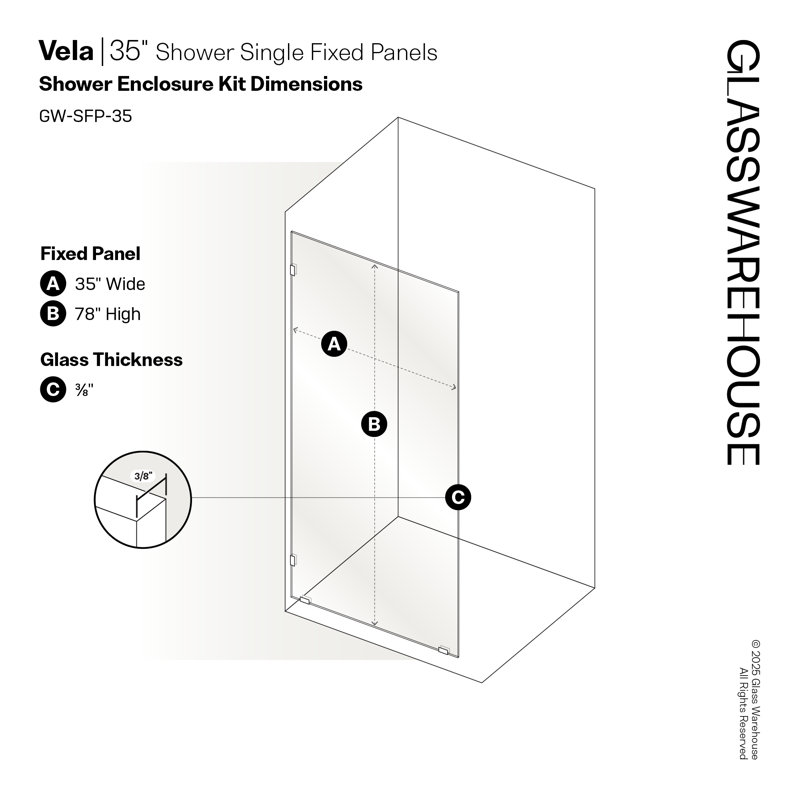 Vela 35 in. x 78 in. Fully Frameless Single Fixed Shower Panel, Matte Black