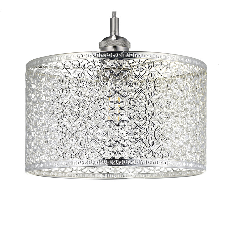Ornate Moroccan Style Decorated Pendant Lighting Shade, Silver