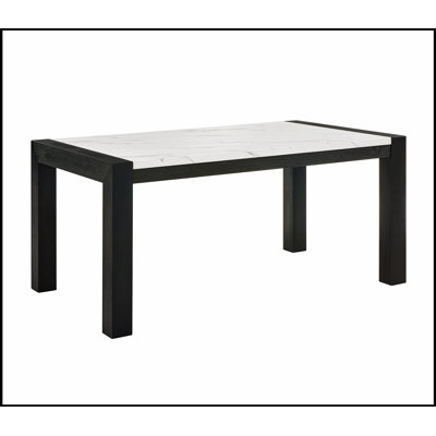 Table de salle à manger 1pc en faux marbre blanc avec placage en bois massif, hauteur standard, design contemporain, pieds à finition noire