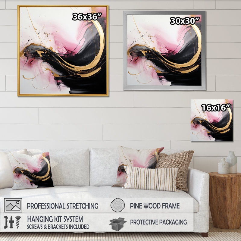 Abstrait, vague d'or rose et noir I - art abstrait sur toile, H 30 po x l 30 po x P 1 po, Cadre doré simple