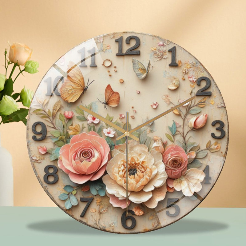 Horloge florale avec papillons - horloge murale moderne en verre 12 po