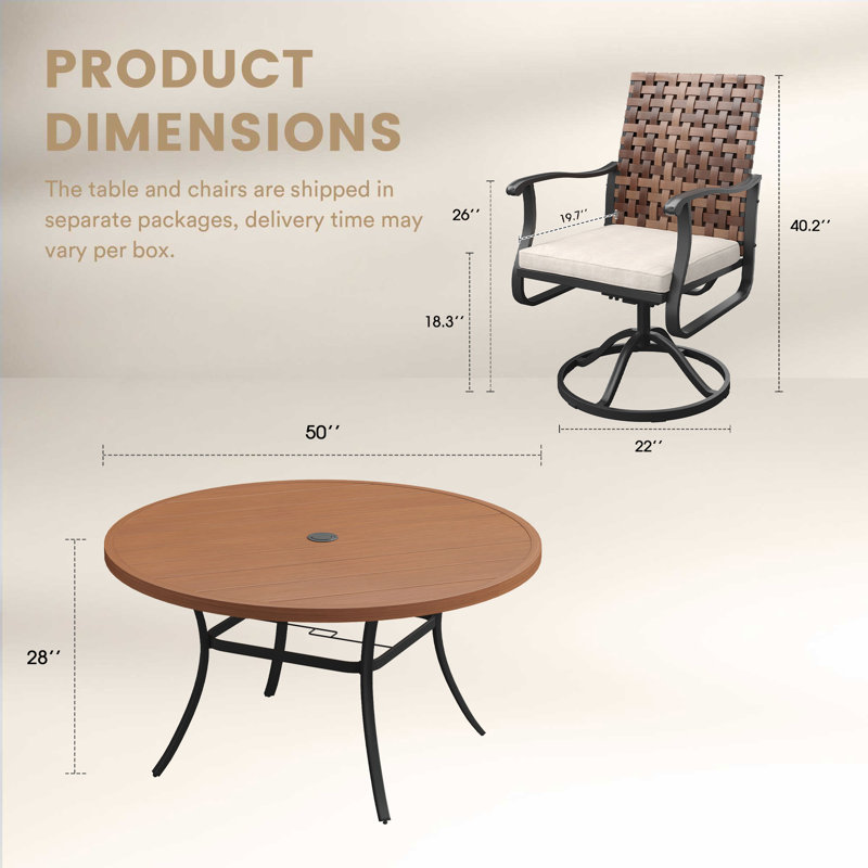 6-Person Outdoor Patio Dining Set With Wicker Swivel Chair, Walnut
