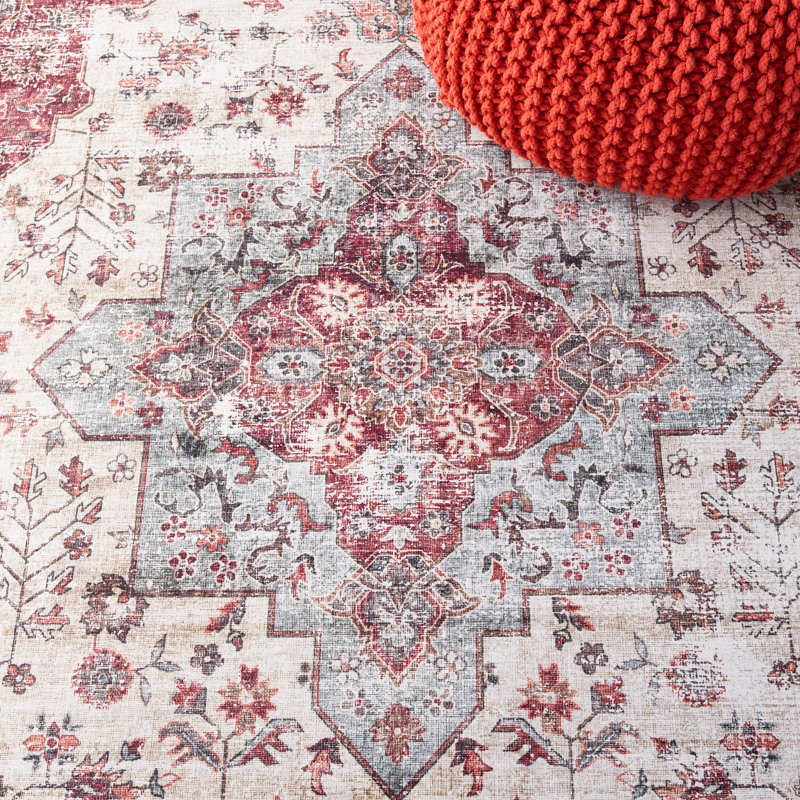 Tapis oriental en polyester tissé à la machine beige-vert / rouille, Tapis de couloir 2 pi 6 po x 12 pi