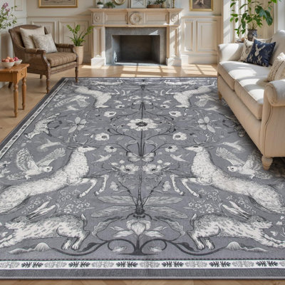 Goldene Whimsical Woodland Animal Washable Area Rug for Kids Room & Nursery, Soft Botanical Non-Slip Playroom Carpet