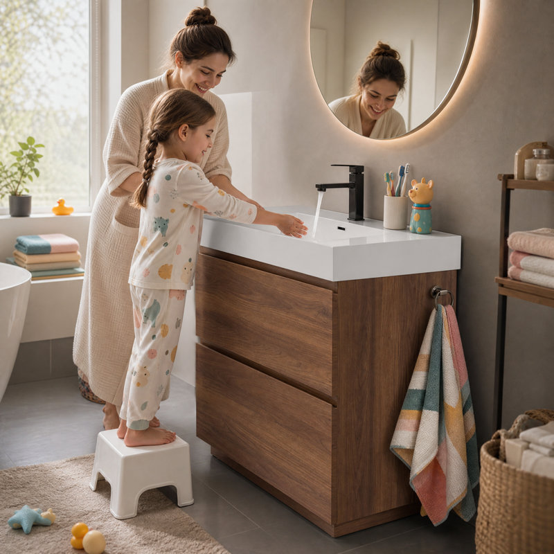 Ensemble de meuble-lavabo 30 po avec lavabo sous comptoir, 2 tiroirs à fermeture en douceur, meuble-lavabo en bois d'ingénierie à finition brune pour salle de bain, salle d'eau
