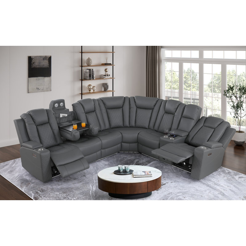 Tehillah Power Reclining Corner Curved Sectional with Wireless Charging , Gray Faux Leather