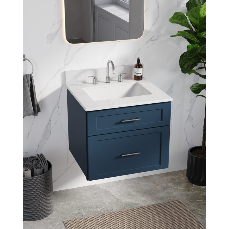 Meuble-lavabo mural 24 po avec comptoir en quartz Carrara, Bleu