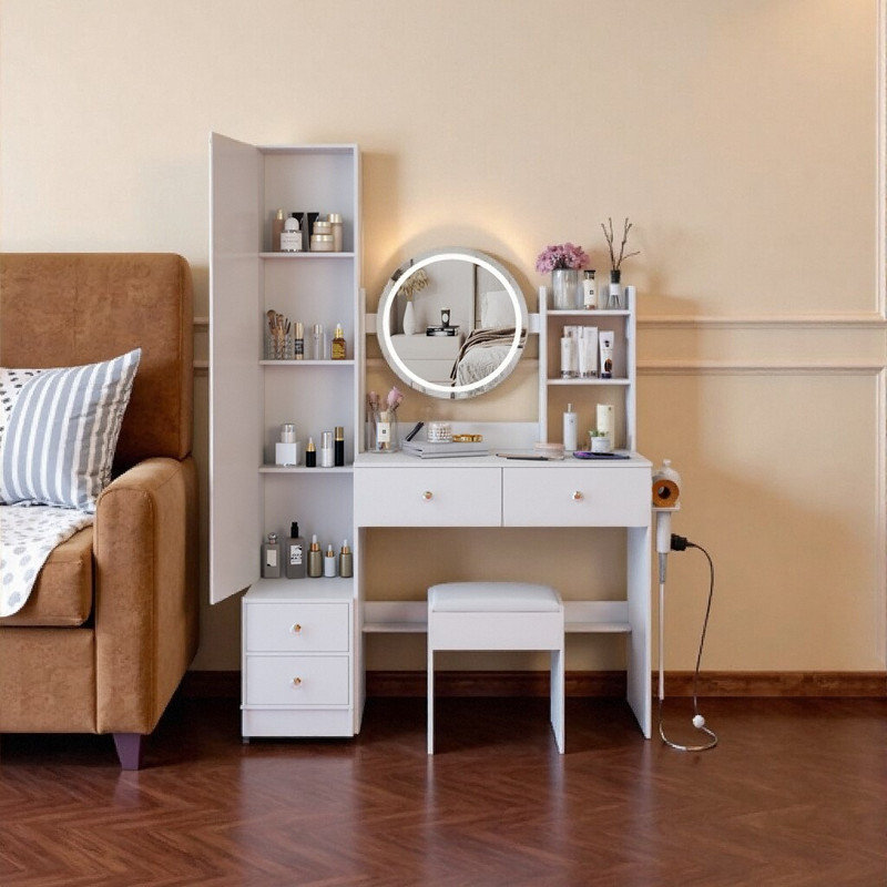 Ensemble de meuble-lavabo à miroir de 63 pouces avec centrale électrique, coiffeuse à DEL à 4 ports et tabouret, Blanc