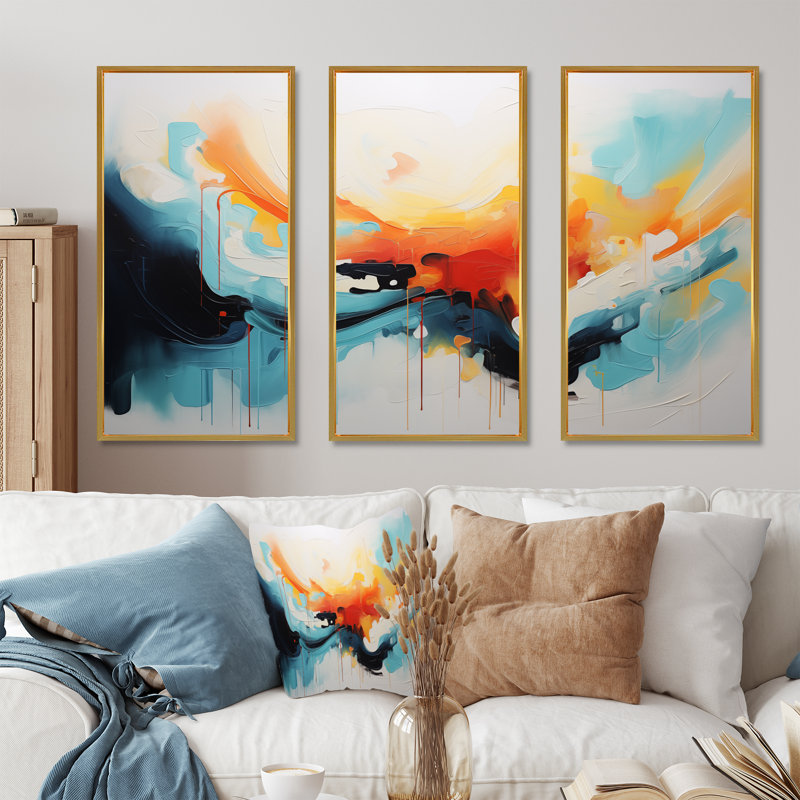 Bleu et orange, vagues abstraites colorées V - art mural abstrait, Cadre flottant doré, H 40 po x l 60 po x P 1 po