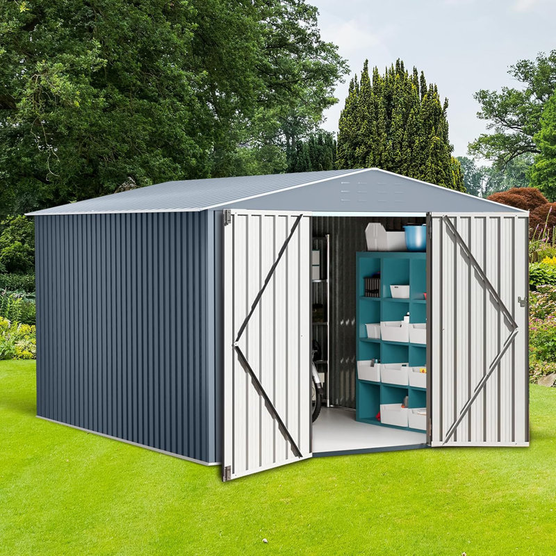 10x12 Ft Grey and Brown Galvanized Steel Outdoor Storage Shed with Lockable Doors for Extra Large Utility and Tool Storage