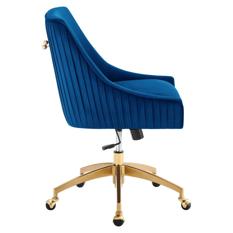 Navy Velvet and Gold Swivel Office Chair with Wood Accents