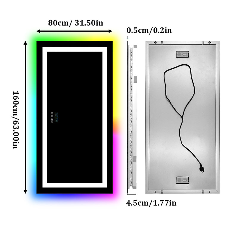 Bertram Led Bathroom Mirror With Lights, Wall-mounted With Bluetooth Speaker, Time & Date Display Anti-fog, Rgb Backlit And 3 Color Temperature Front Lighting, Dimmable Brightness, Ip65 Waterproof, Tempered Glass, Frontlit & Backlit