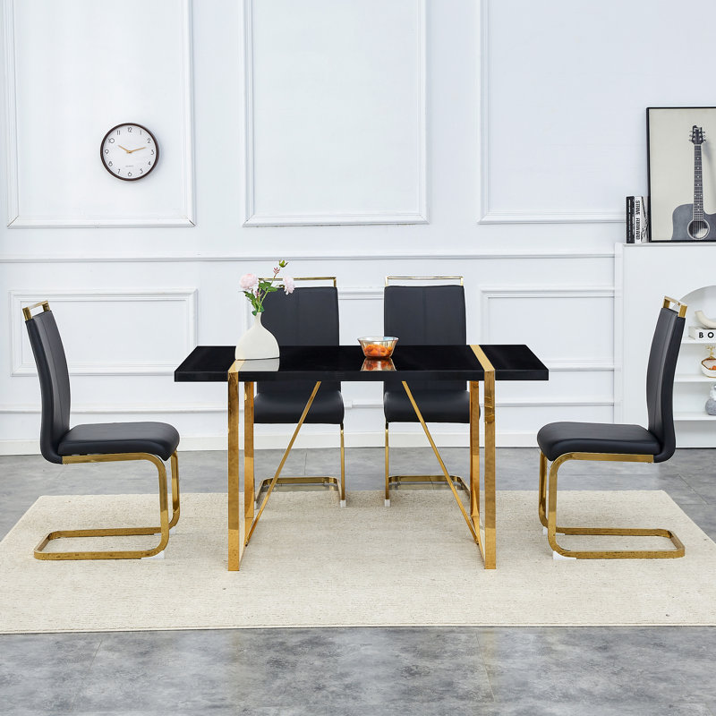 5-Piece Modern Rectangular High-Gloss Dining Set with Faux Leather Cantilever Chairs, Black/Gold, Black