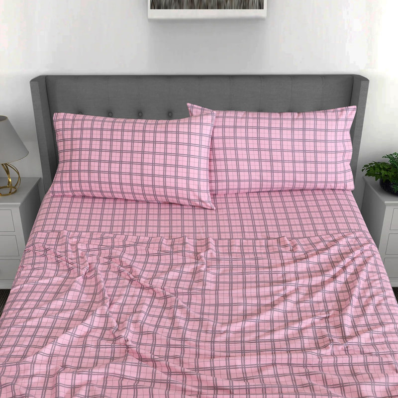 - Set of 4, Queen Sheet Set with 4 additional pieces, Check & Bolts Pink/Striped
